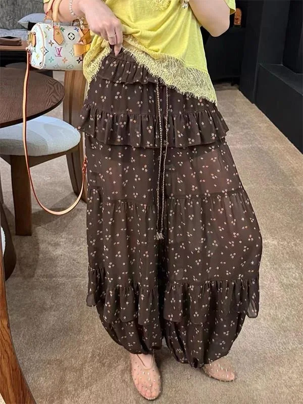 

plus Size 300 Pounds Retro Lace Trim Floral Chiffon Lantern Pants Women Summer See through Casual Harlan Pants High Waist Ela...