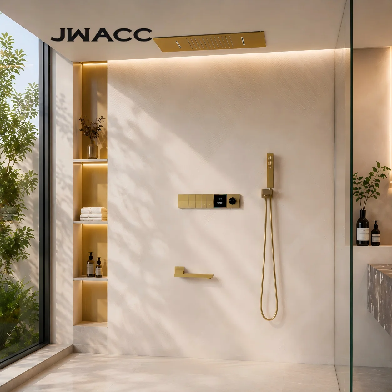 Gun Grey Brass LED Digital Display Thermostatic Shower System Wall Mounted Ceiling Embedded Rainfall Mixer Faucet Set