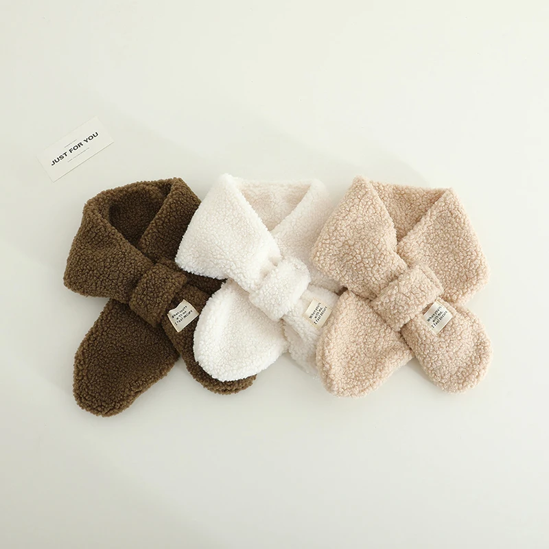 Thick Lamb Fleece Scarf For Baby Warm Neck Covers Windproof Anti-Cold Kids Cross Neckerchief 3-7Year Children Plush Scarves