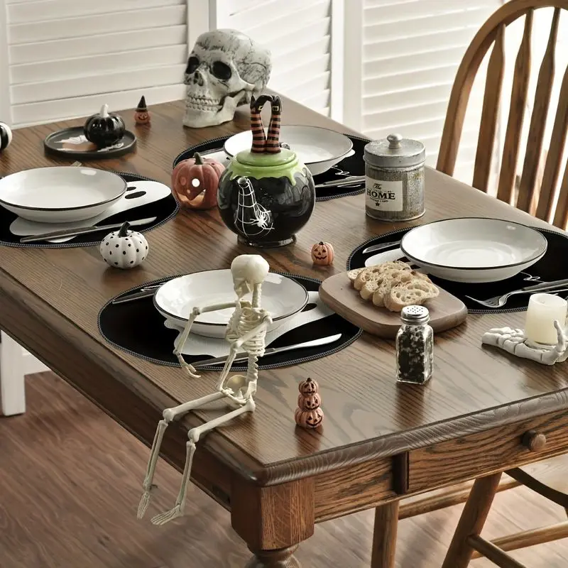 VIKAMA Simple Black and White Boo Ghost Round Linen Meal Mat Insulation Table Mat Cute Halloween Table Mat Table Decoration