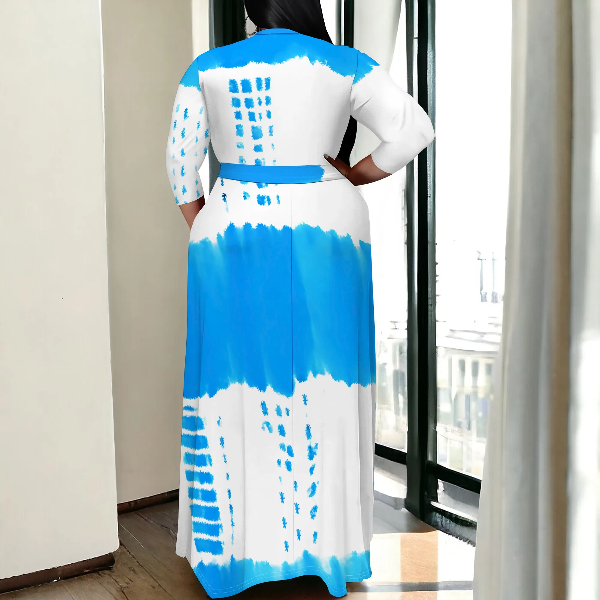 Plus Size Women's 3/4 Sleeve V Neck Women With Pocket and Bel Long Dress Fashion Printed Split Hem Club Party Casual  Maxi Dress