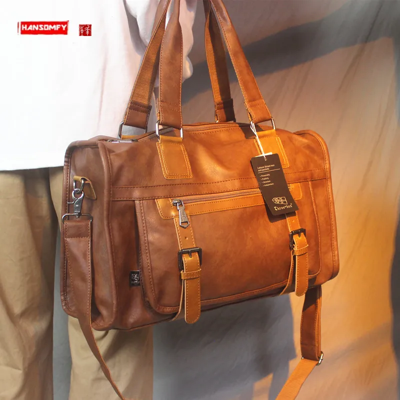 

Soft Leather Men's Large Capacity Handbag Short Distance Travel Business Trip Luggage Bag Crossbody Shoulder Bag Computer Bag