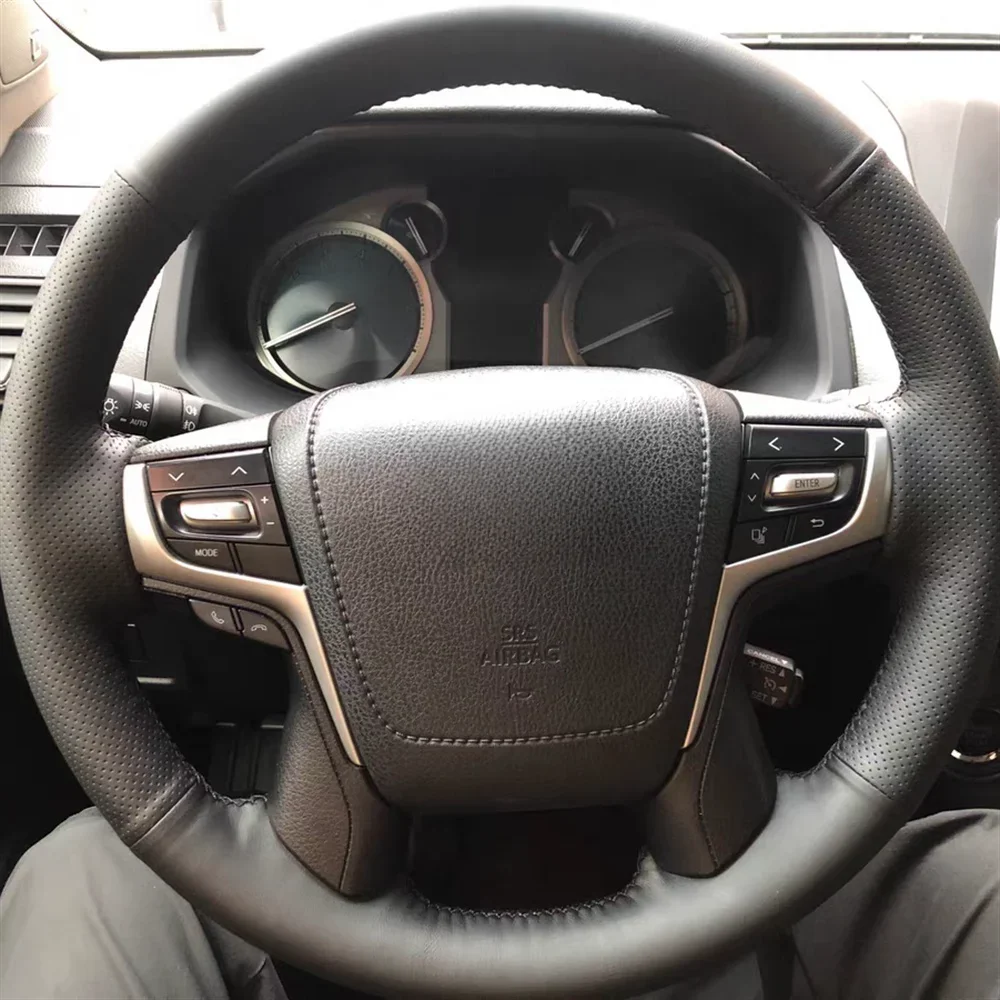 

Car Steering Wheel Cover DIY Black Hand-sewing Genuine Leather Accessories For Toyota Land Cruiser Prado 2018 Cruiser 2016 -2019