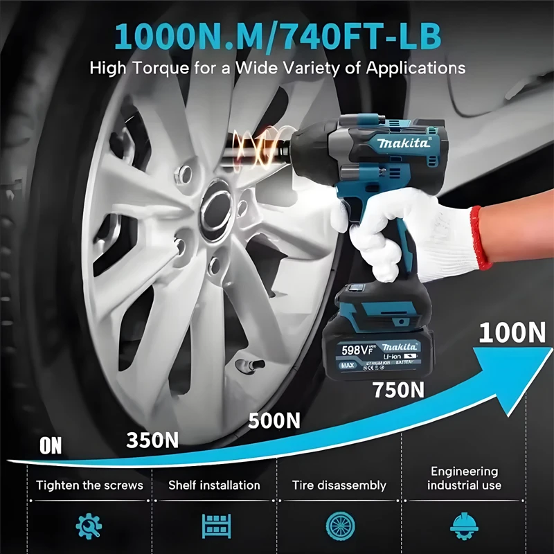

100% Original Makita 1000 N.M Torque DTW700 Brushless Electric Impact Wrench 1/2 In Lithium-Ion Battery For Makita 18V Battery.
