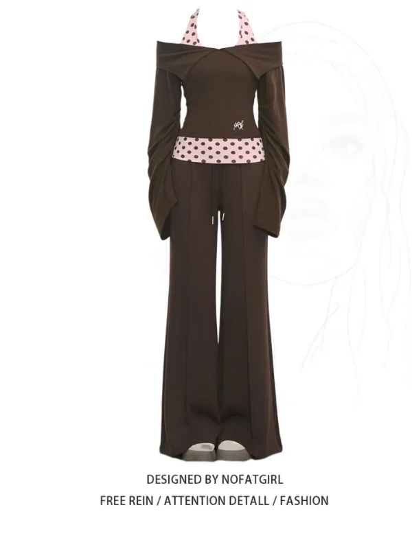 

Модный женский комплект больших размеров в горошек: топ на одно плечо и брюки, весенний новый стиль, популярная повседневная одежда