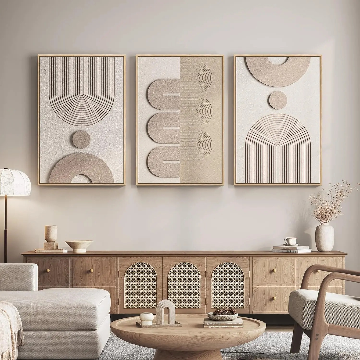 24x36 Inch 3 Piece Boho Neutral Beige White Geometric 3D Textured Framed Abstract Canvas Wall Art Minimalist Modern Paintings For Living Room Bedroom Hallway Office Gallery Home Wall Decor