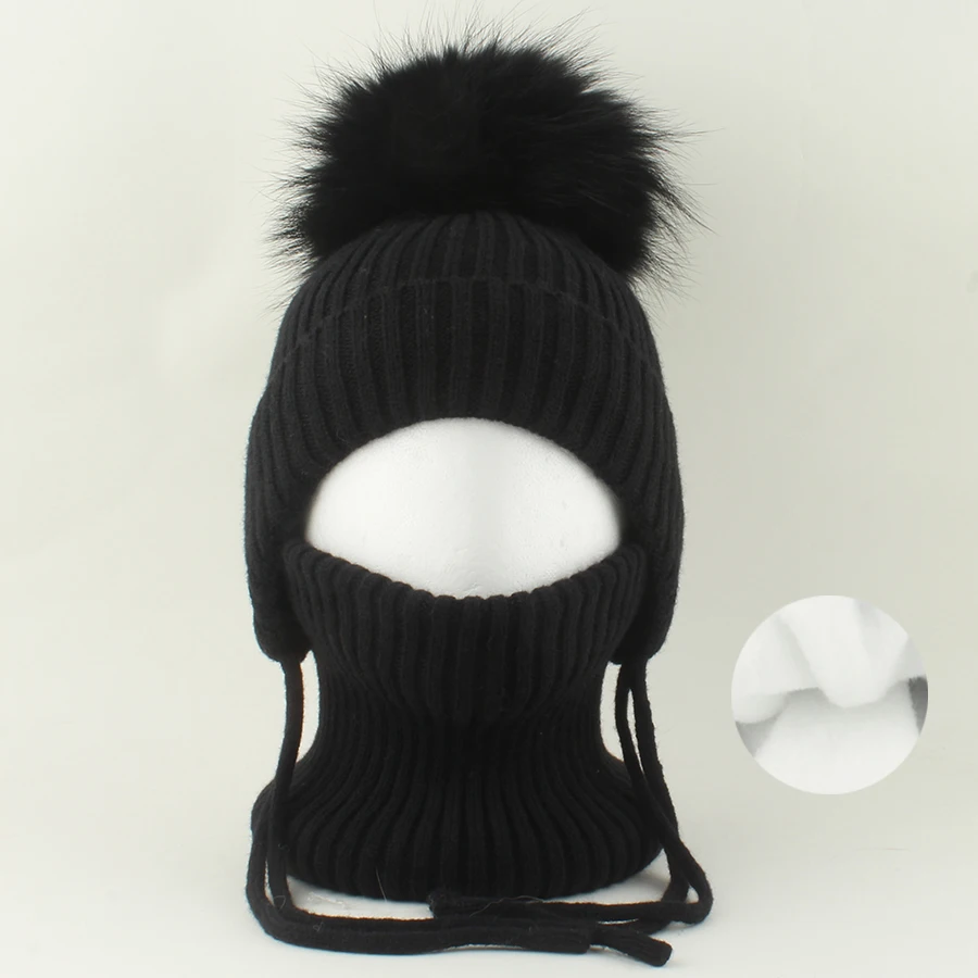 Winter-Wollmütze mit Nackenschutz 2-teiliges Set Echte Fuchsfell-Mütze für Kinder Jungen Mädchen Dicke Fleece Warme Gestrickte Gestreifte Ohrenklappe Baby Skullies Mütze – Detail 24
