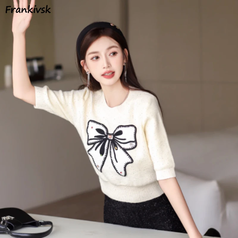 Korean Style Pullovers Women Embroidery Short Sleeve Soft Popular Tender Summer Bow Designed Vintage Tees Daily New All-match