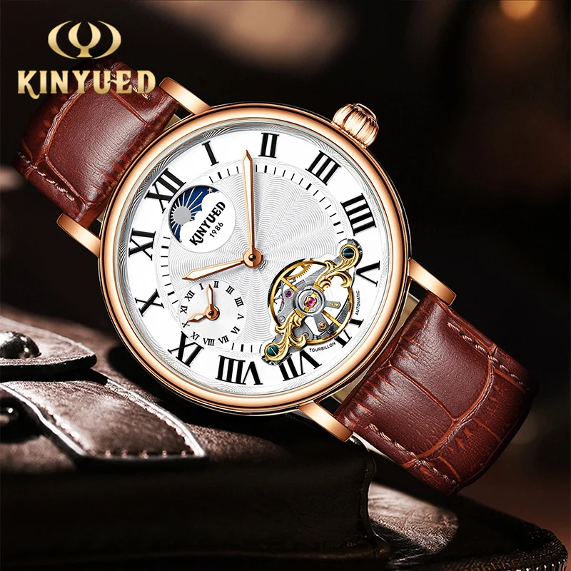 Free ShippingKINYUEDMultifunctional Tourbillon 's Automatic Mechanical Luminous Hollow Men's Watch