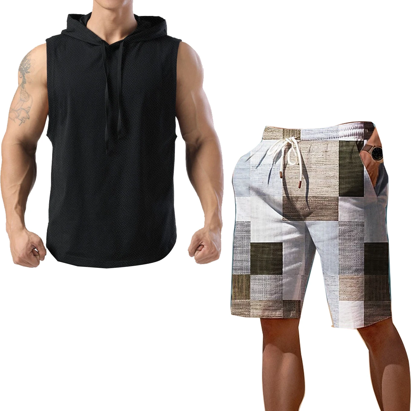 

3D Printed Shorts selling men's sports suit sleeveless hooded T-shirt shorts pants sports vest two-piece set summer gym sports