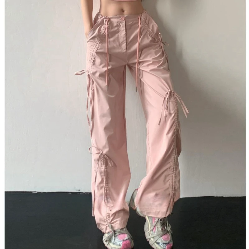 

QWEEK Y2k Baggy Cargo Pants Woman America Style Casual Coquette Pink Bow Trousers Streetwear Summer 2024 Thin Wide Pantalones