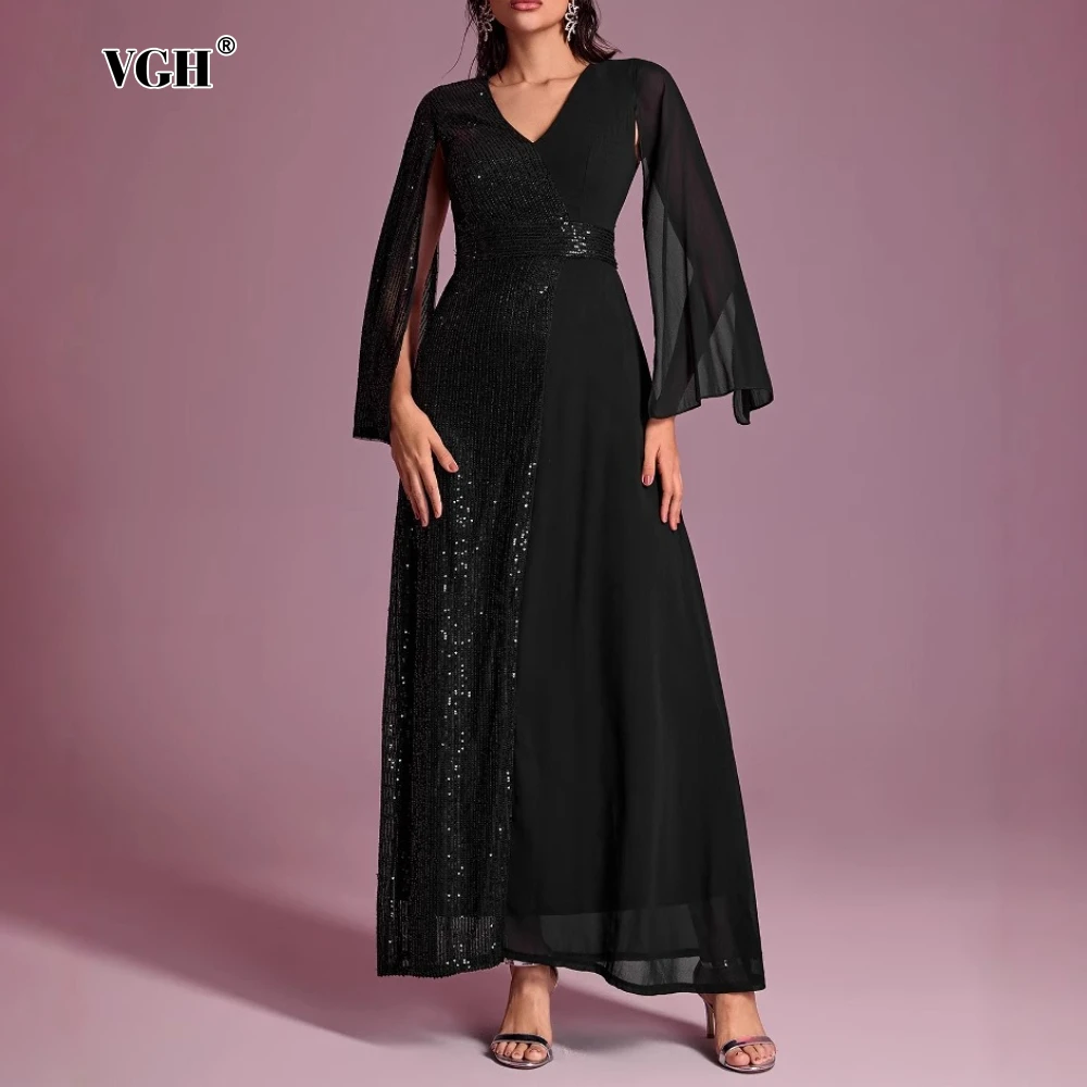 VGH พรหมชุดราตรี Spliced Sequins ชุดผู้หญิง V คอแยกแขนยาวเอวสูง Patchwork ตาข่ายชุดราตรีหญิง