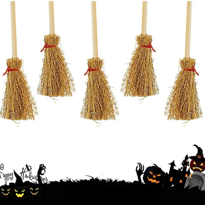 10 Peças de Mini Vassouras de Palha Artificiais com Cordas Vermelhas, Decoração Artesanal de Palha para Halloween, Fantasias e Festas de Cosplay