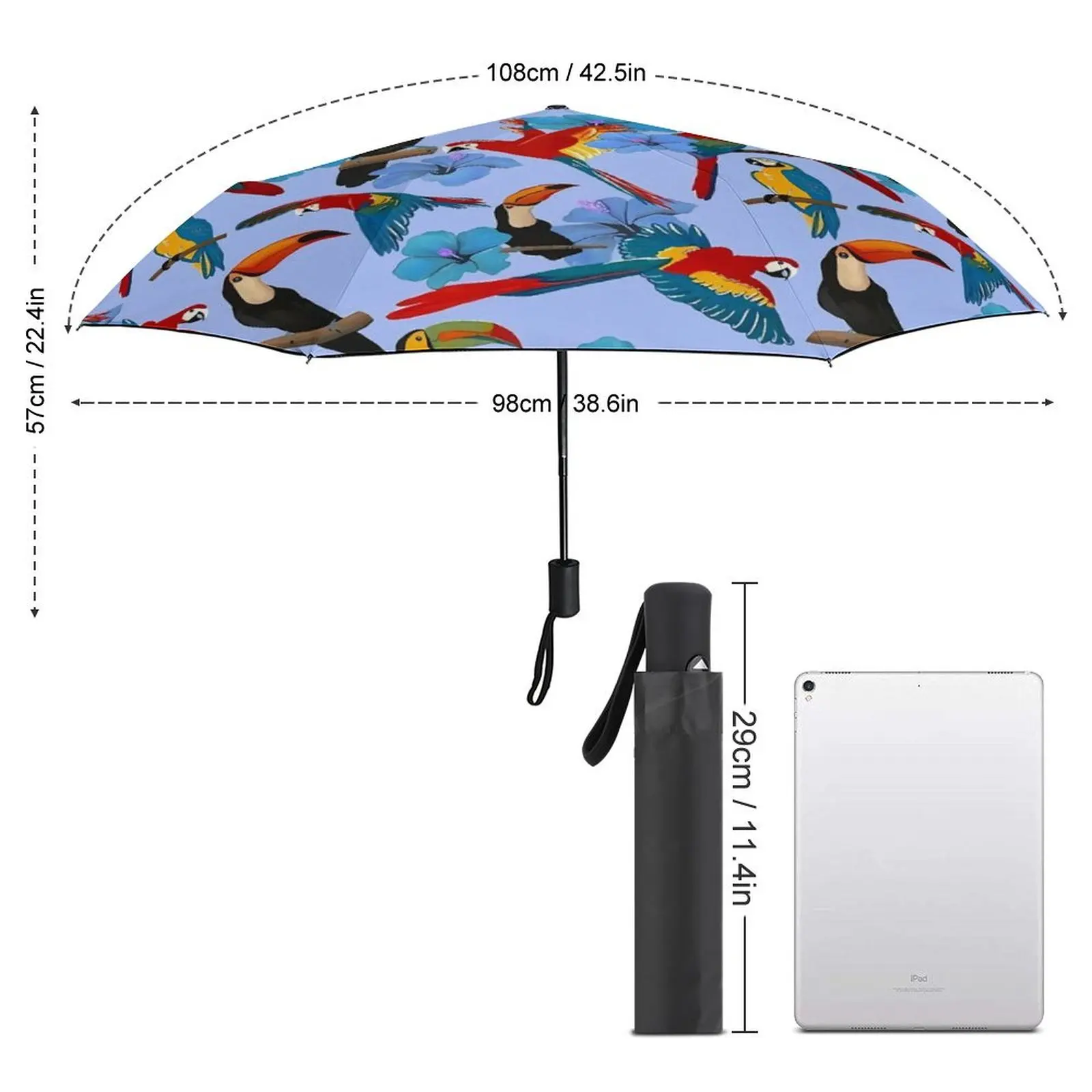 Birds Flower Umbrella Toucans and Parrots 3 Fold Auto Shade Sunscreen Umbrella For Men Women Fashion Portable Fishing Umbrella