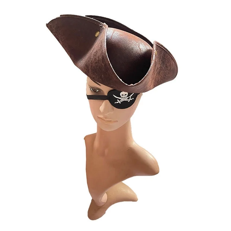 New Brown Distressed Tricorn Hat Masquerade Party Men Women Faux Leather Pirate Costume Accessories Hats