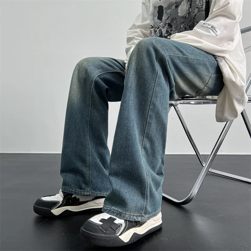 

Retro Washed Loose Men's Bell Bottom Jeans High Street Cool Casual Long Trousers Straight Leg Loose Fit Teen Summer Jeans