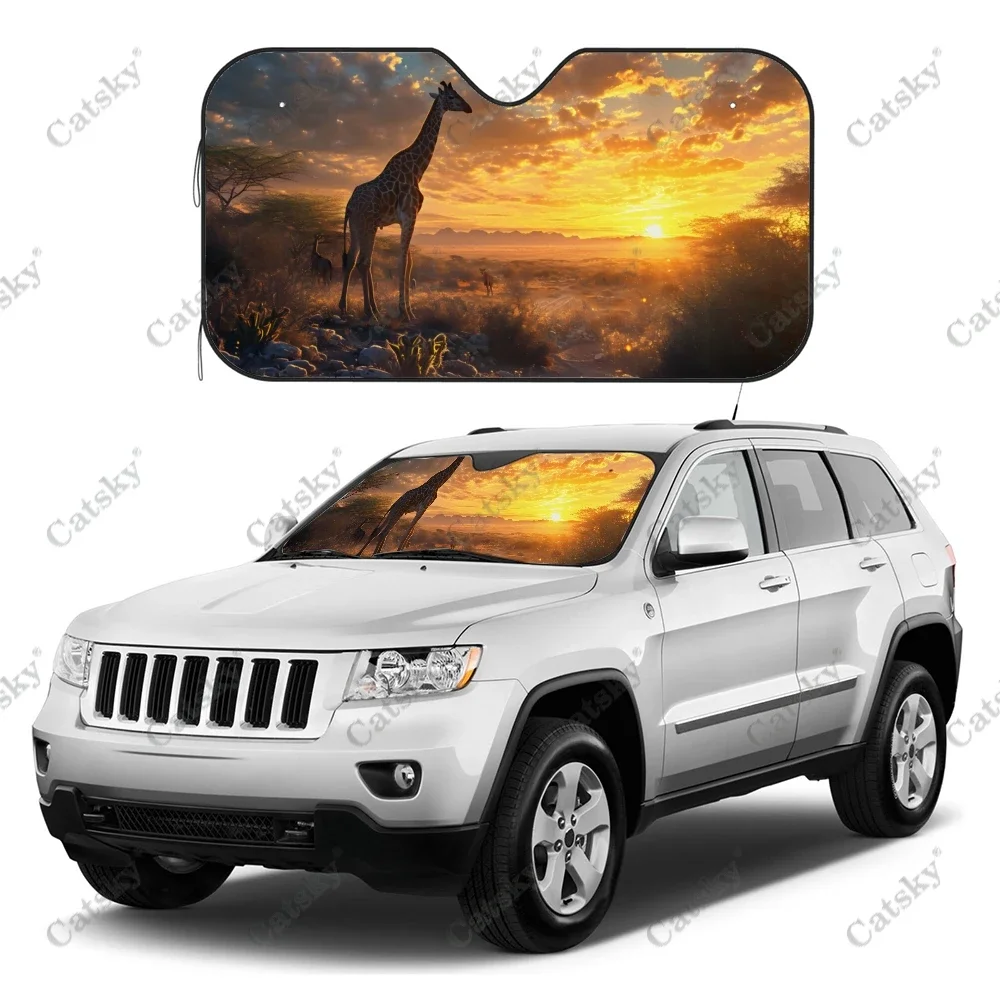 Sunrise with Giraffe Car Windshield Sunshade, Front Auto Car Windshield Sun Shade Blocks Uv Rays Sun Visor Protector