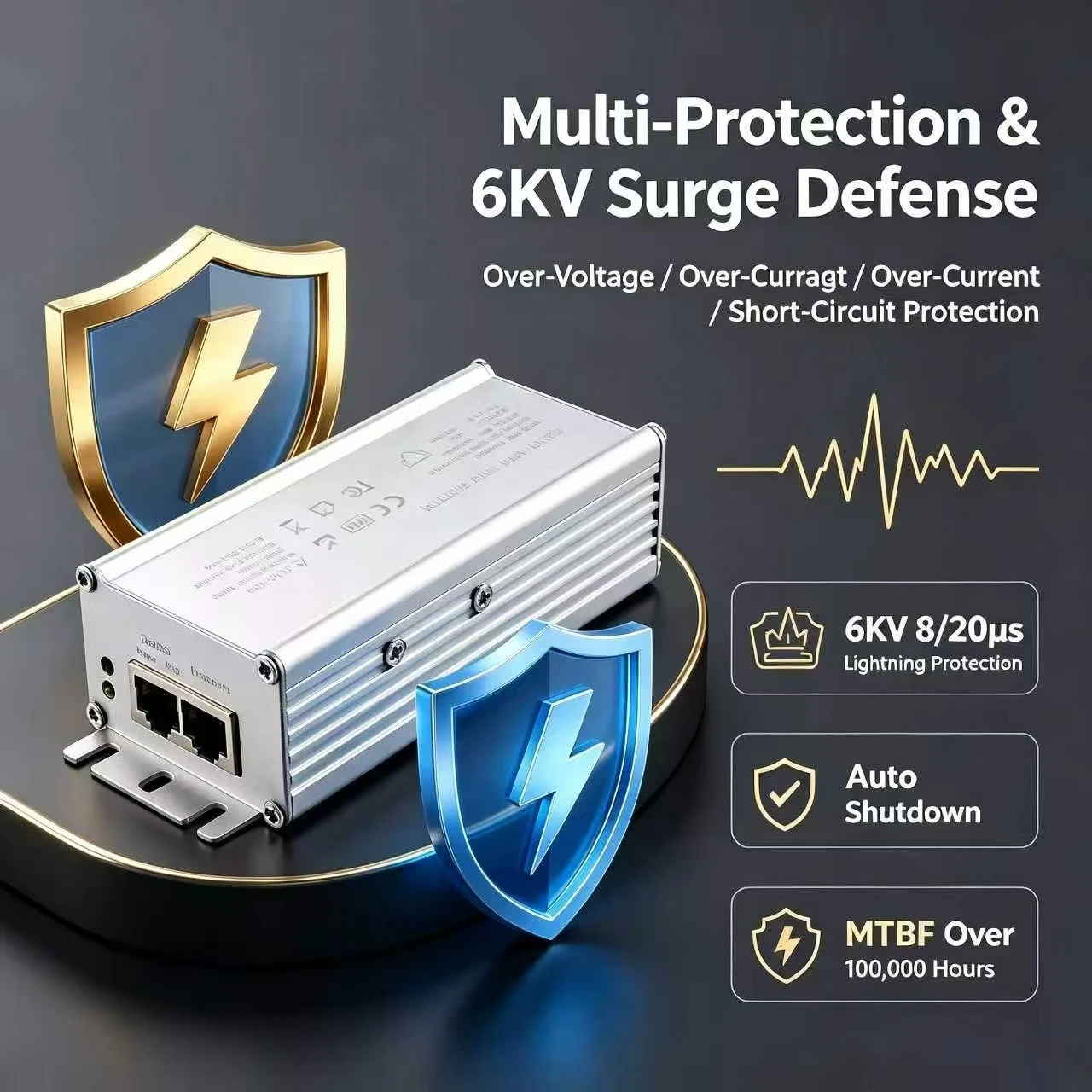 2.5G PoE Injector 90W IEEE802.3af/at/PoE++ Active Adapter with 6KV Lightning Protection IP30 Aluminum Housing for IP Camera