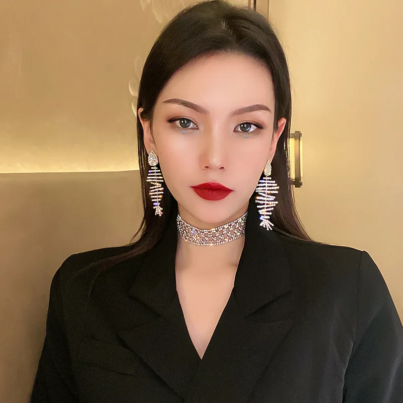 Silver needles exaggerated full of rhinestones and fish bones creative personalized earrings, fashionable hip-hop high-end
