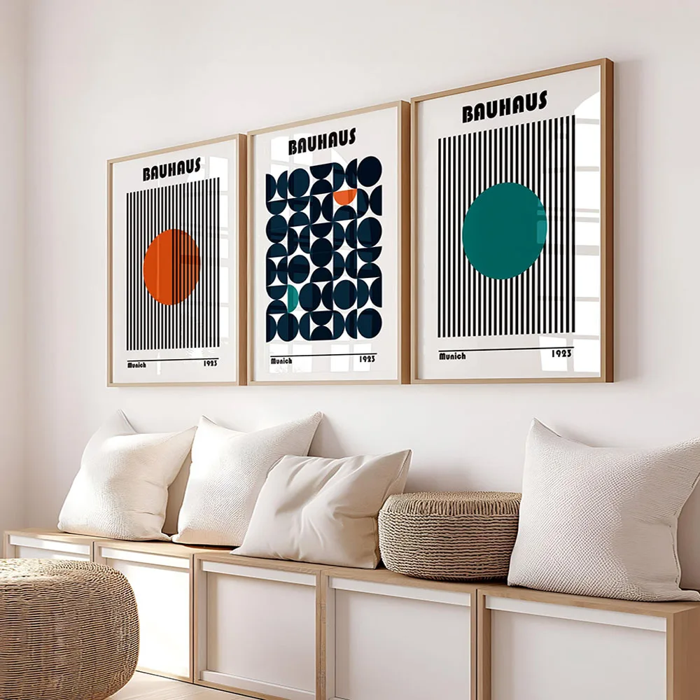 Póster Bauhaus, conjunto de 3 líneas onduladas azules y amarillas, arte abstracto, carteles minimalistas Retro, pintura en lienzo, decoración de pared de habitación impresa