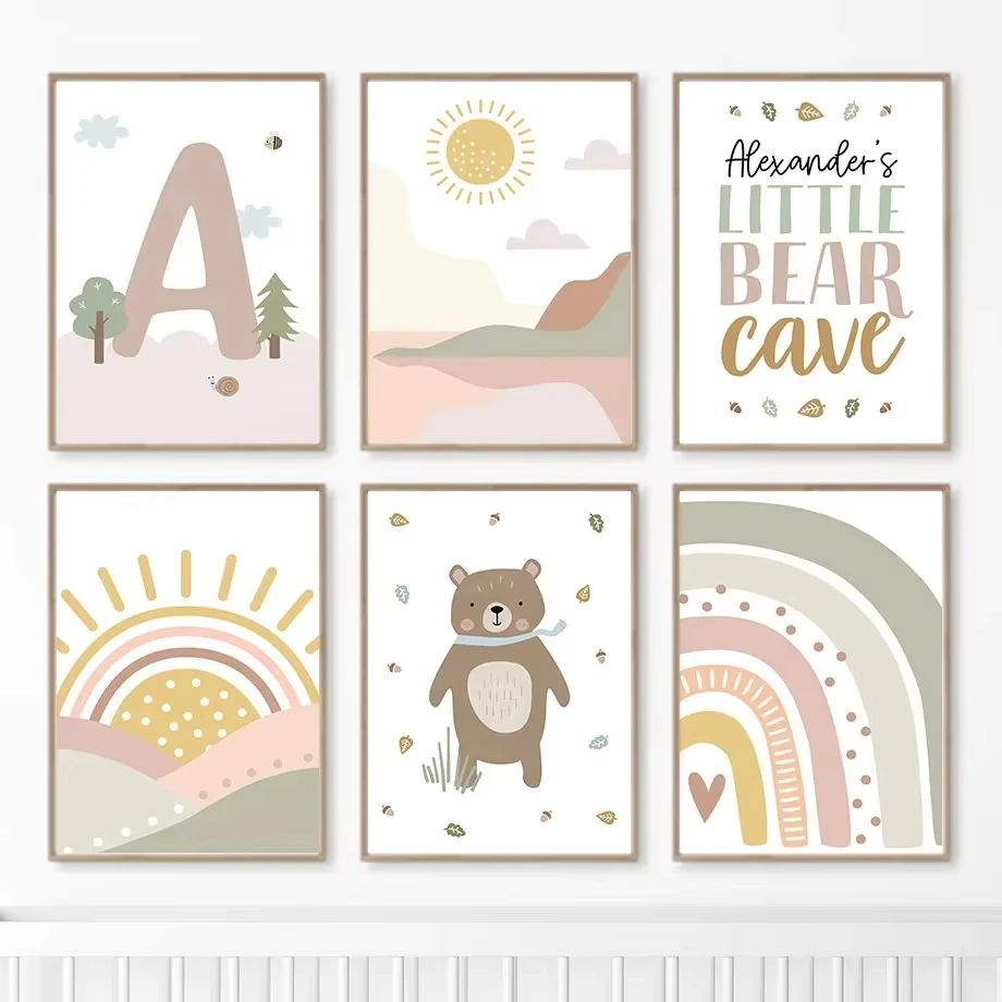 

Cartoon Bear Mountain Rainbow Alphabet Custom Nordic Posters And Prints Wall Art Canvas Painting Wall Pictures Kids Room Decor