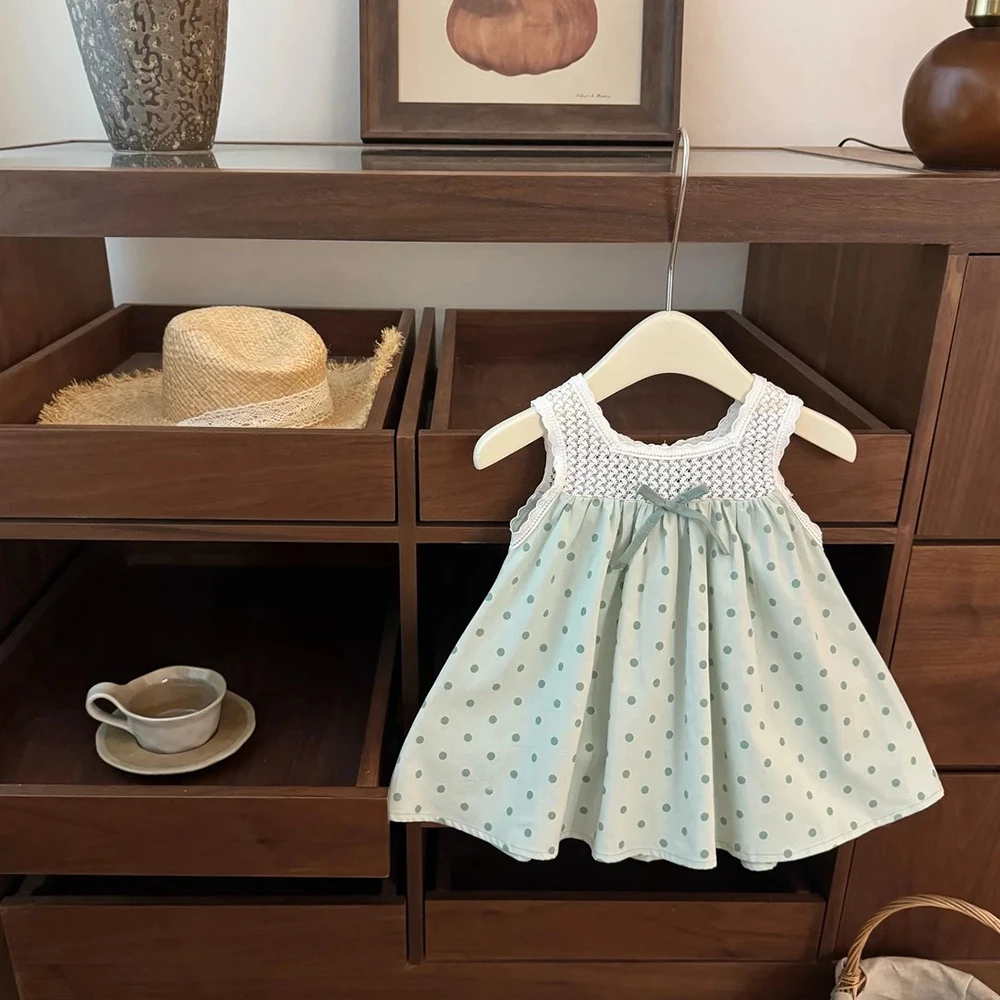Vestido verde dulce con lunares para niñas, vestido de verano con cuello de encaje y crochet, vestidos sin mangas con corte en A, vestido de verano para vacaciones diarias para niños