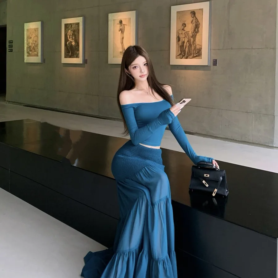 Simple Knitted Long Sve One oulder T-irt Skirt Set Women's Faion Autumn New Sle High Waist Midi Skirt Commute Sle