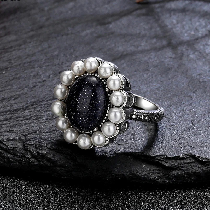 

10*12MM Natural Blue Sandstone Ring 925 Sterling Silver Rings with Round Pearl Ring Retro Fine Jewelry for Women Gift