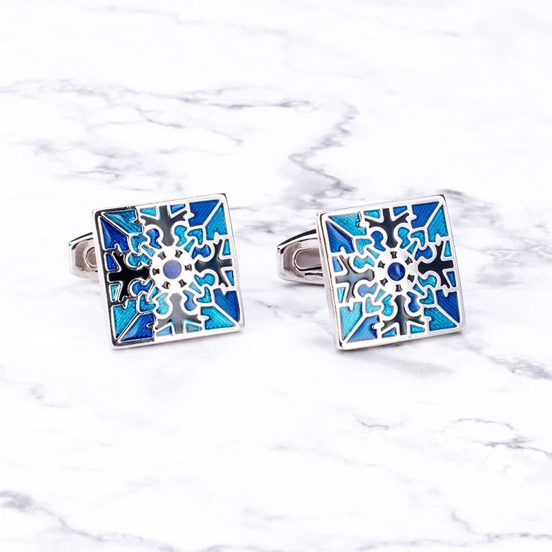 Luxury Square Cufflinks Blue Black Puzzle Pattern Cuff Button Enamel Jewelry For Mens Wedding Business French Shirt Gift