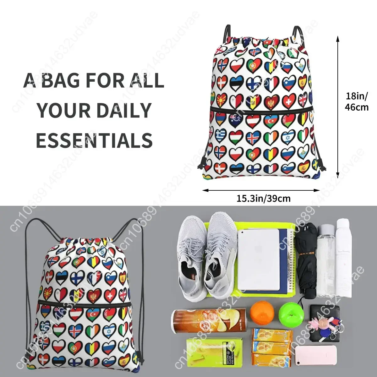 Eurovision Song Contest Flags Hearts ESC Backpacks Drawstring Bag Drawstring Bundle Pocket Storage Bags For School Students