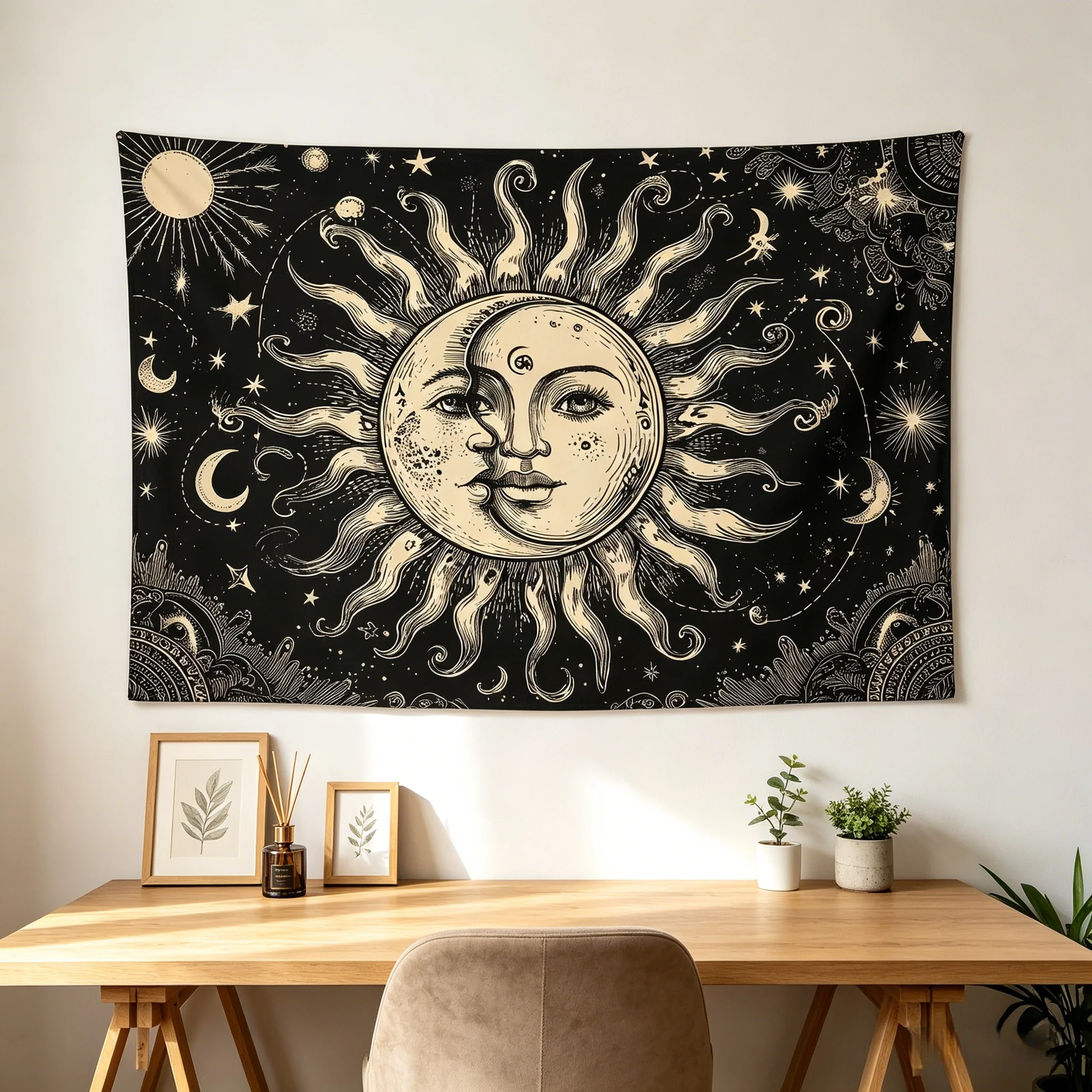 Vintage Sonne-Mond-Stern-Wandteppich im Bohemian-Stil, Dekoration für Wohnzimmer, Schlafzimmer, Bettkopfteil, flaches Druckdesign, mehrere Größen