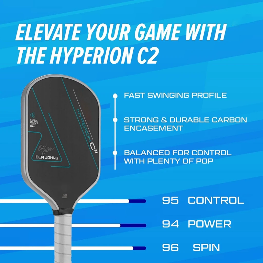 Hyperion-paleta de Pickleball de fibra de carbono C2 T700, superficie de fricción, núcleo de potencia de polímero de 16mm, potencia mejorada, giro y Control