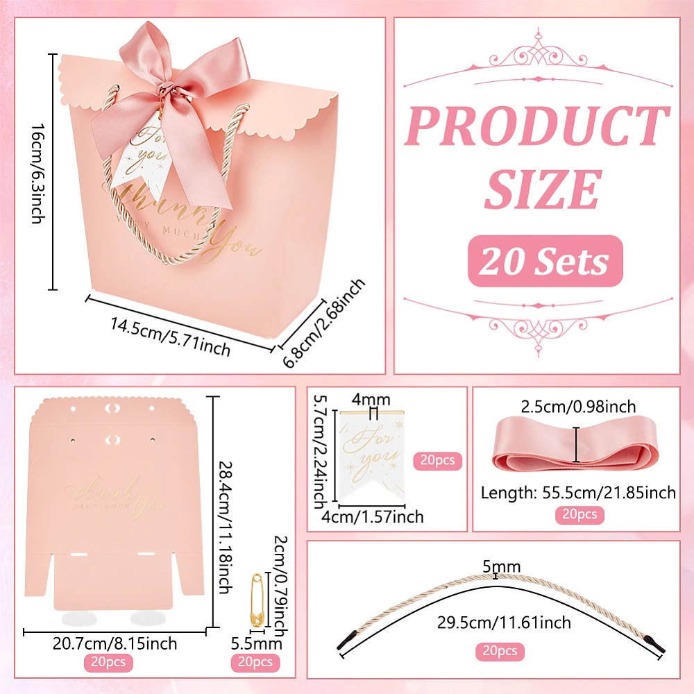20 Sets Pink Wedding Favor Boxes 5.7x2.6x6.3Inch Thank You Paper Gift Boxes with Handle Ribbon Tag Wedding and Anniversary
