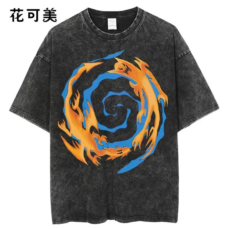 

Popular Japanese Anime Game Wang Shui Wash Old Vintage Short-sleeved T-shirt Pure Cotton Yu-Gi-Oh! Duel Monsters GameKing