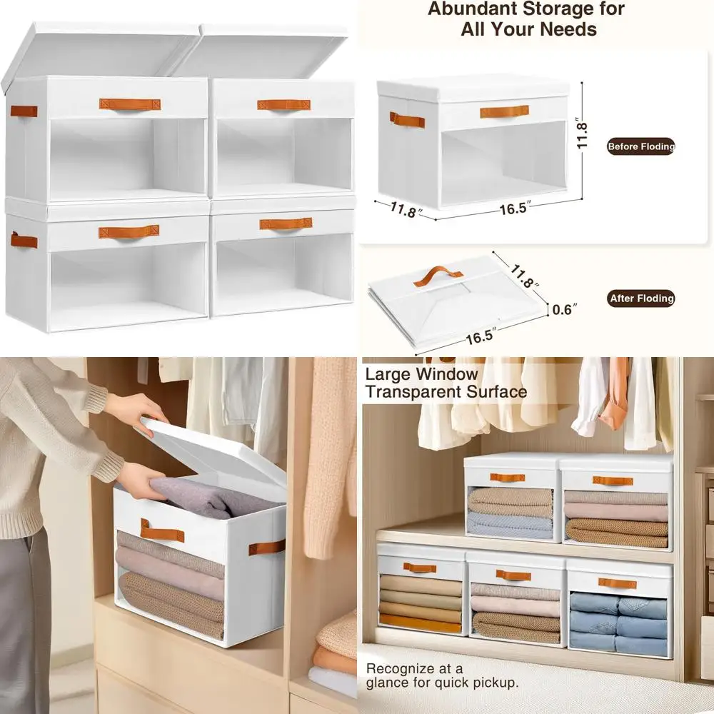 

Набор из 4 складных декоративных контейнеров для хранения с прозрачными окошками и ручками, идеально подходят для организации одежды, одеял, компакт-дисков в...