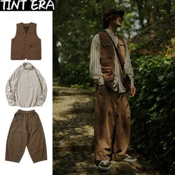 Japanese Vintage Set Men Women Multi-pocket Cargo Vest Spring Autumn Striped Long-sleeved Shirt Loose Casual Pants Three-piece