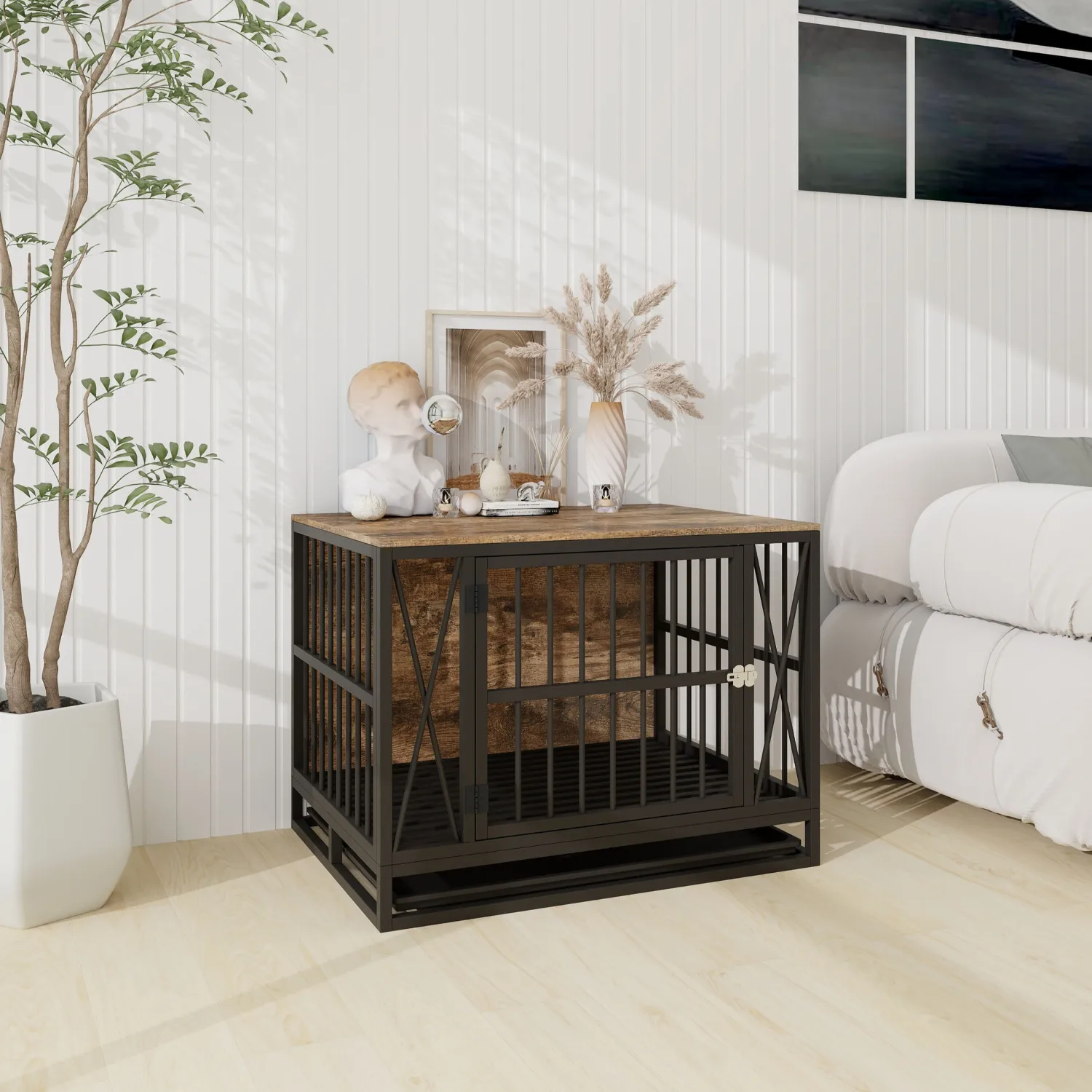 

Dog Crate Furniture, 32.67 Inches Dog Kennel for Dogs up to 70 lb, with Removable Tray, Heavy-Duty Dog Cage End Table, Rustic Br