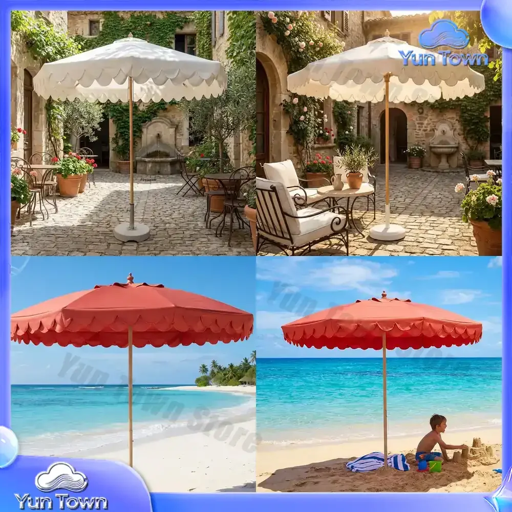 Tassel Beach Umbrella with Wavy Hem Outdoor Printed Custom Sun Shade Umbrella for Garden Patio Yard Pool for UV Protection