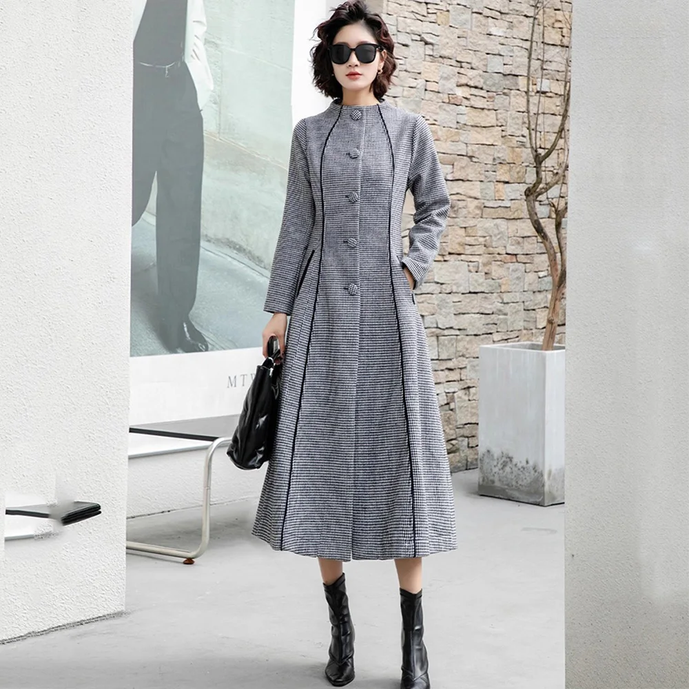 New Women Velvet Liner Woolen Coat Autumn Winter Fashion Small Stand Collar Single Breasted Slim Houndstooth Wool Blended Coat
