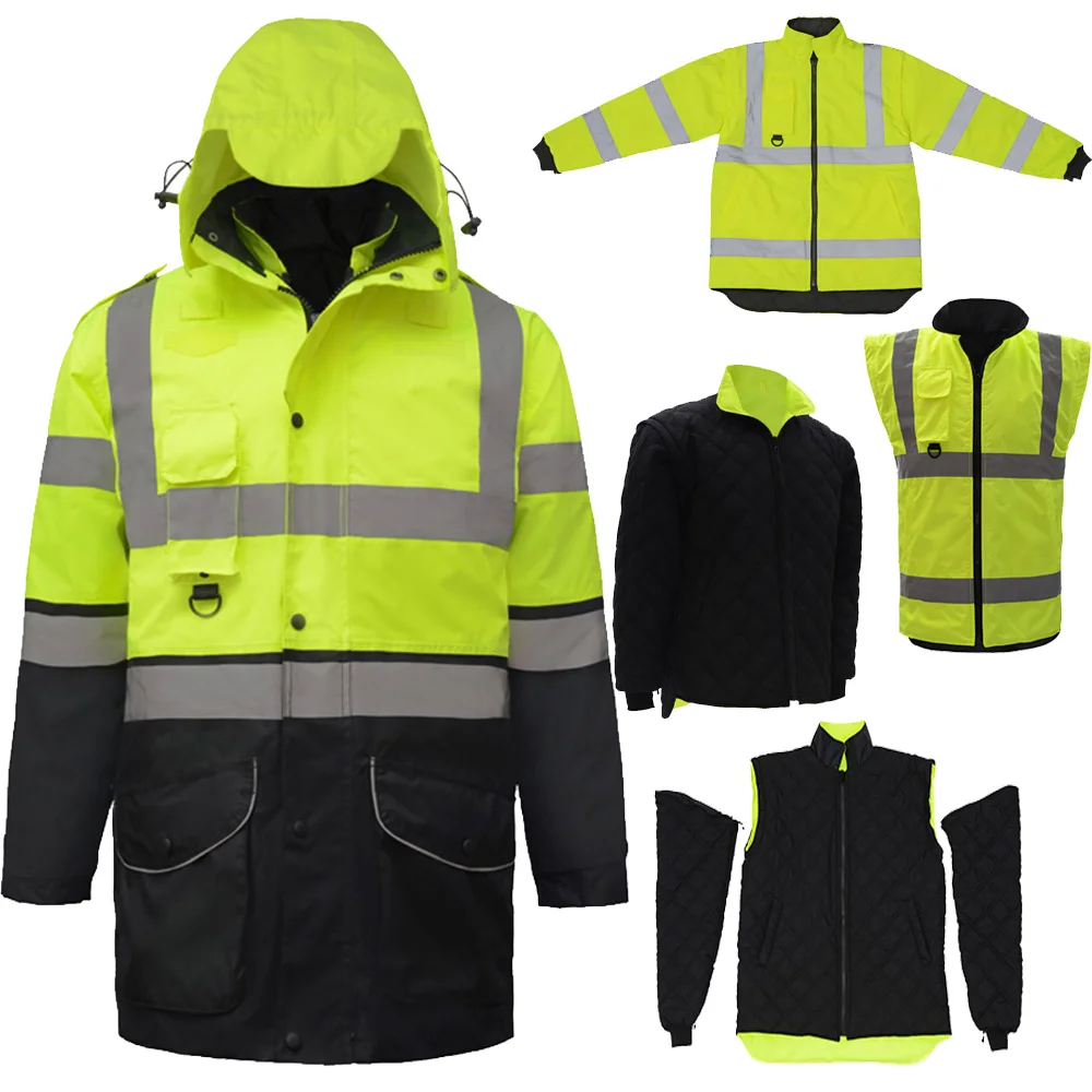 SFvest EN471 ANSI/SEA 107 AS/NZS Hi vis 7 in 1 waterproof parka windbreaker workwear rain coat reflective safety jacket