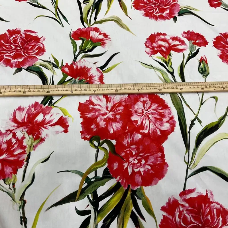 European And American Fashion Carnation Flower Printed Cotton Fabric For Women Dress Blouse Pants Handmade DIY Cloth Sewing