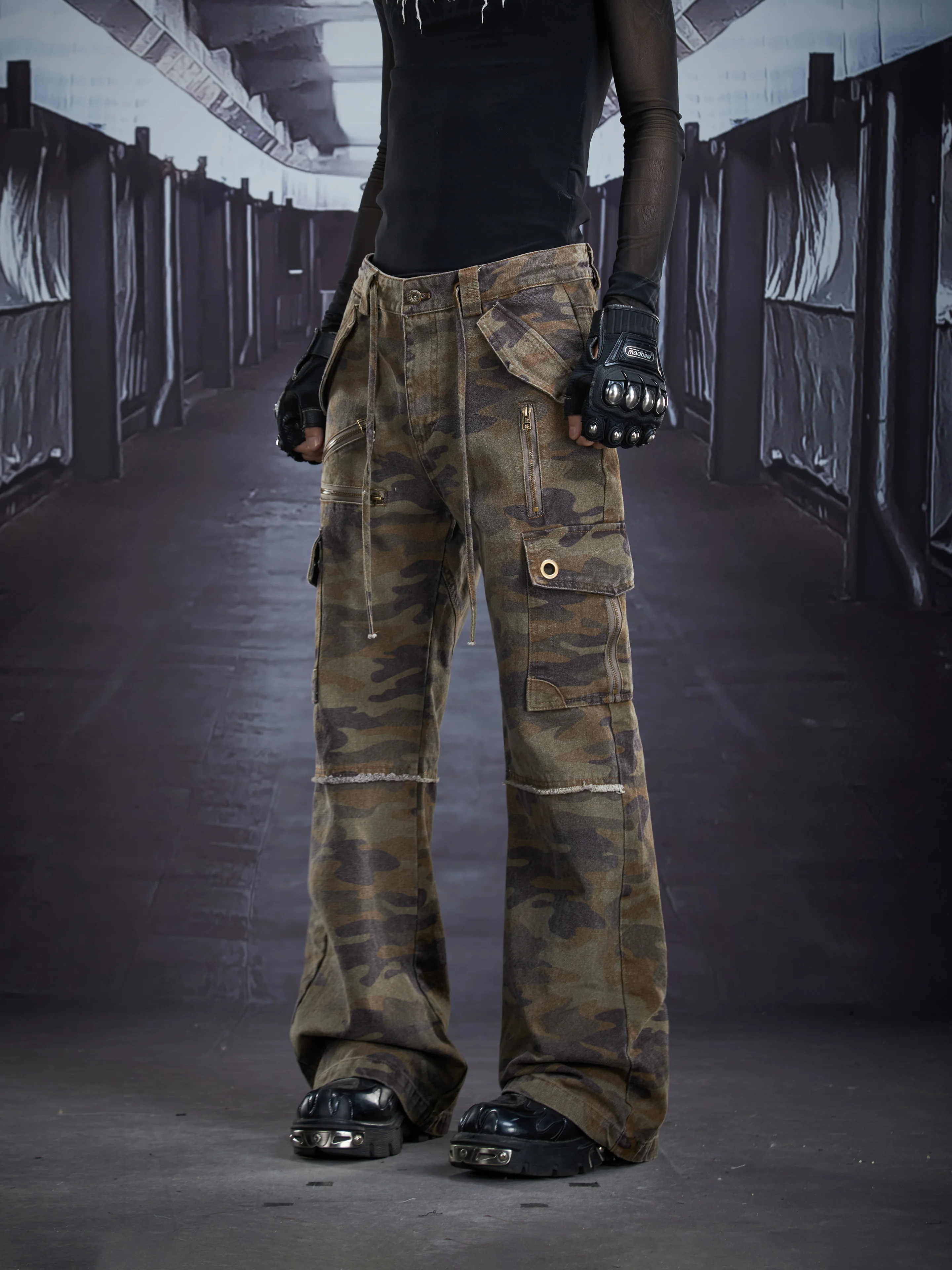 Casual Street Deconstruction Stitched Camouflage Multi-Pocket Cargo Pants Pure Cotton Bootcut Trousers