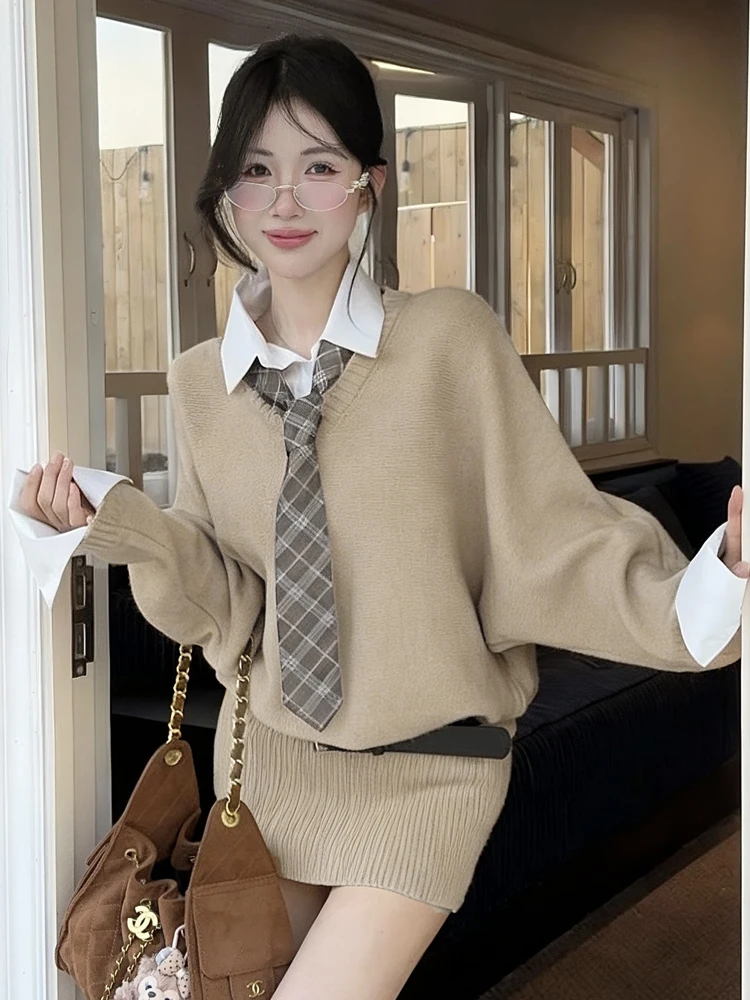 Korean Chic Slimming  Neck Long Sleeve Knitted Sweater Dress Fashionable Preppy Style All-Match Bodycon Dress for Women - view 2