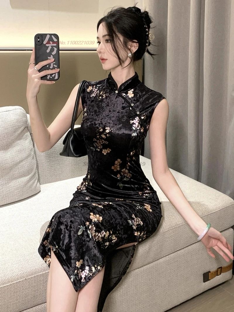 

Китайское сексуальное платье 2021, улучшенное Ципао, национальное бархатное платье без рукавов с цветочным принтом, Cheongsam, вечернее платье для ночного клуба, банкета, Ципао