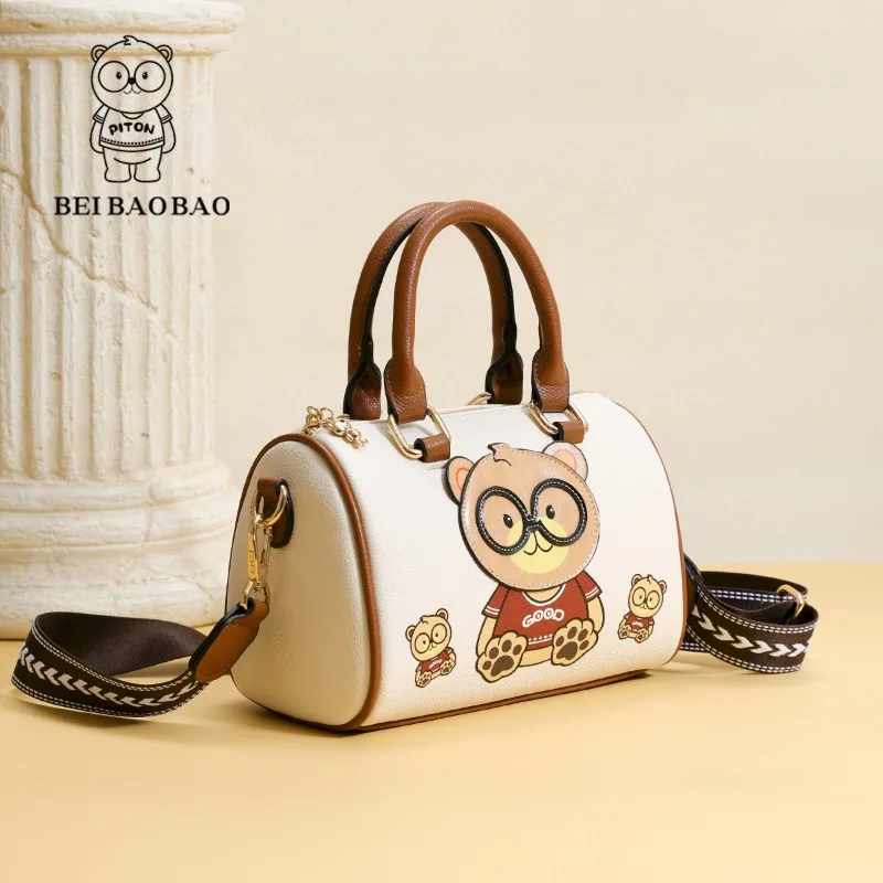 Beibaobao White Handbags Casual Boston Women\'s Bag 2024 New Bear Pattern Design Fashionable Handbag Shoulder Bag Crossbody Bag