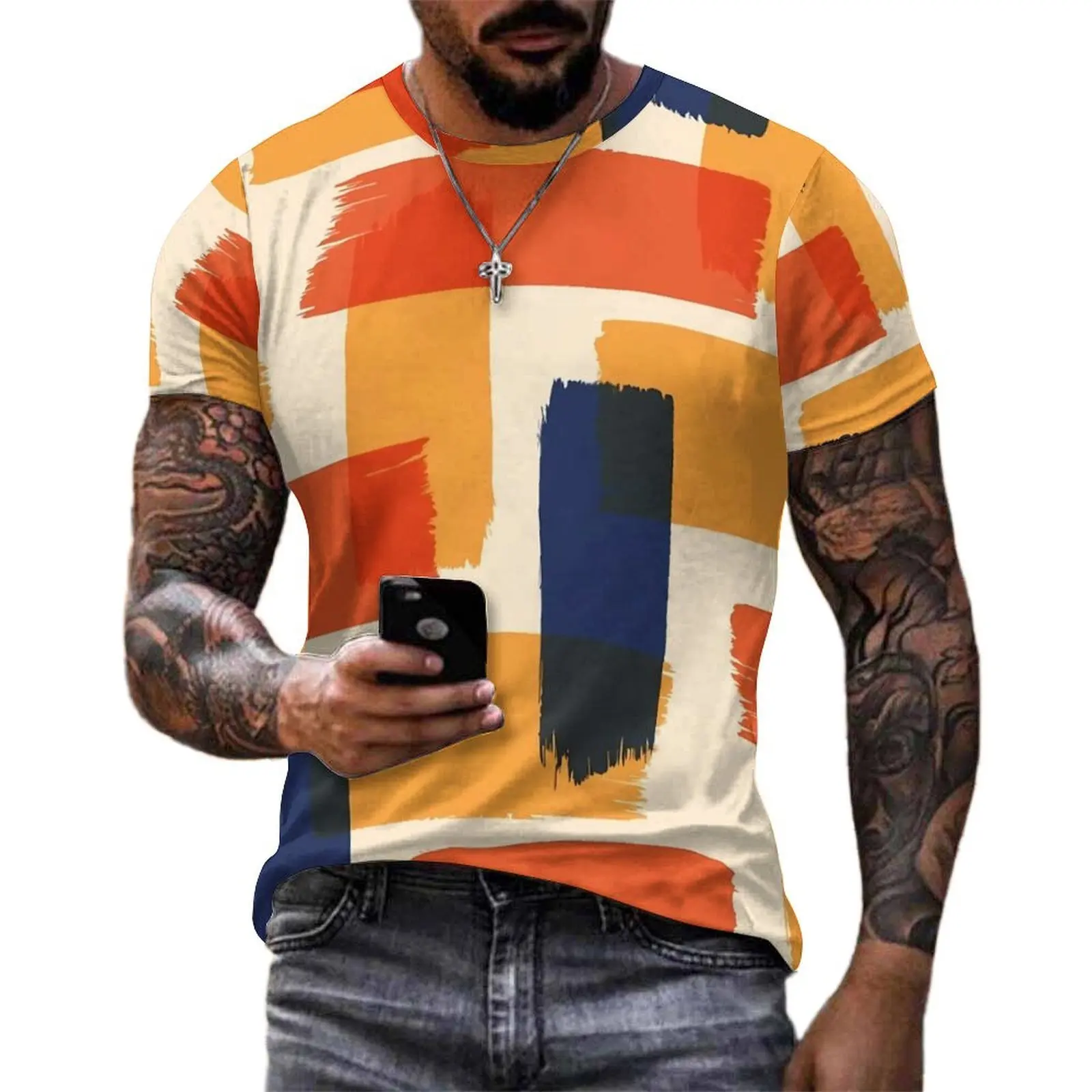 Plus Size T-Shirt Summer Brush T-Shirts Red Black Orange Streetwear O Neck Tshirt Man Hippie Graphic Tops