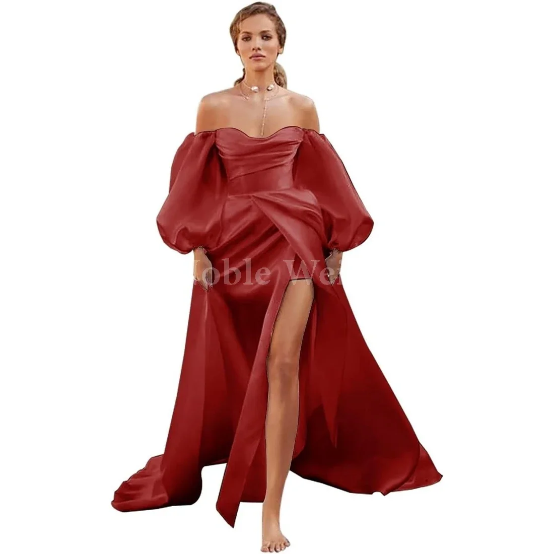 

Off Shoulder Organza Prom Dress Puffy Sleeve Wedding Dress for Bride Long Sleeve Formal Evening Gowns with Slit Customized