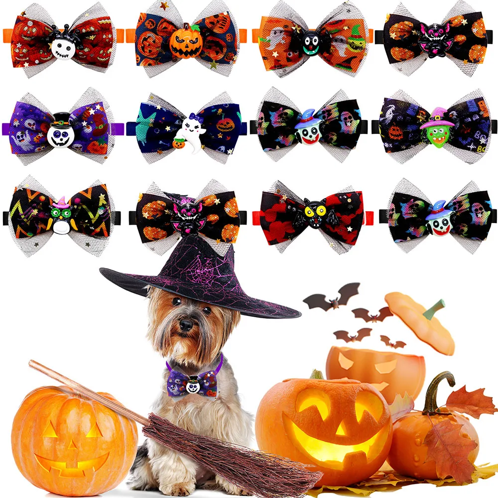 20/40PCS Lace Dog Ties Halloween Pet Neck Accessories For Dogs Adjustable Dog Bowties Bat/Ghost Decoration Pet Dog Supplies