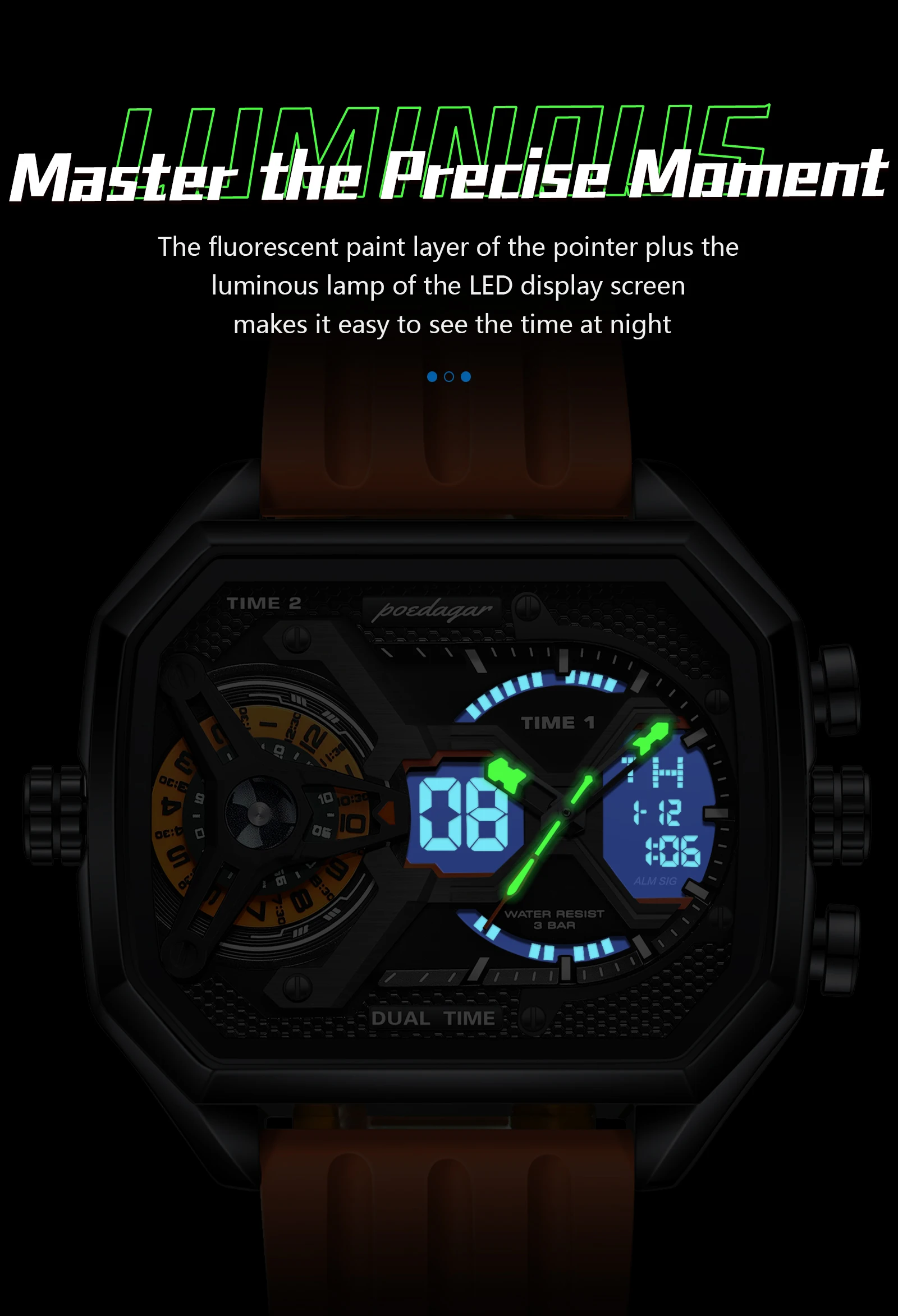 POEDAGAR Sport Männer Armbanduhren Datum Woche Leuchtende LED Mode Mann Uhr Silikon Armband Elektronische Dual Time Quarz herren Uhr – Detail 11