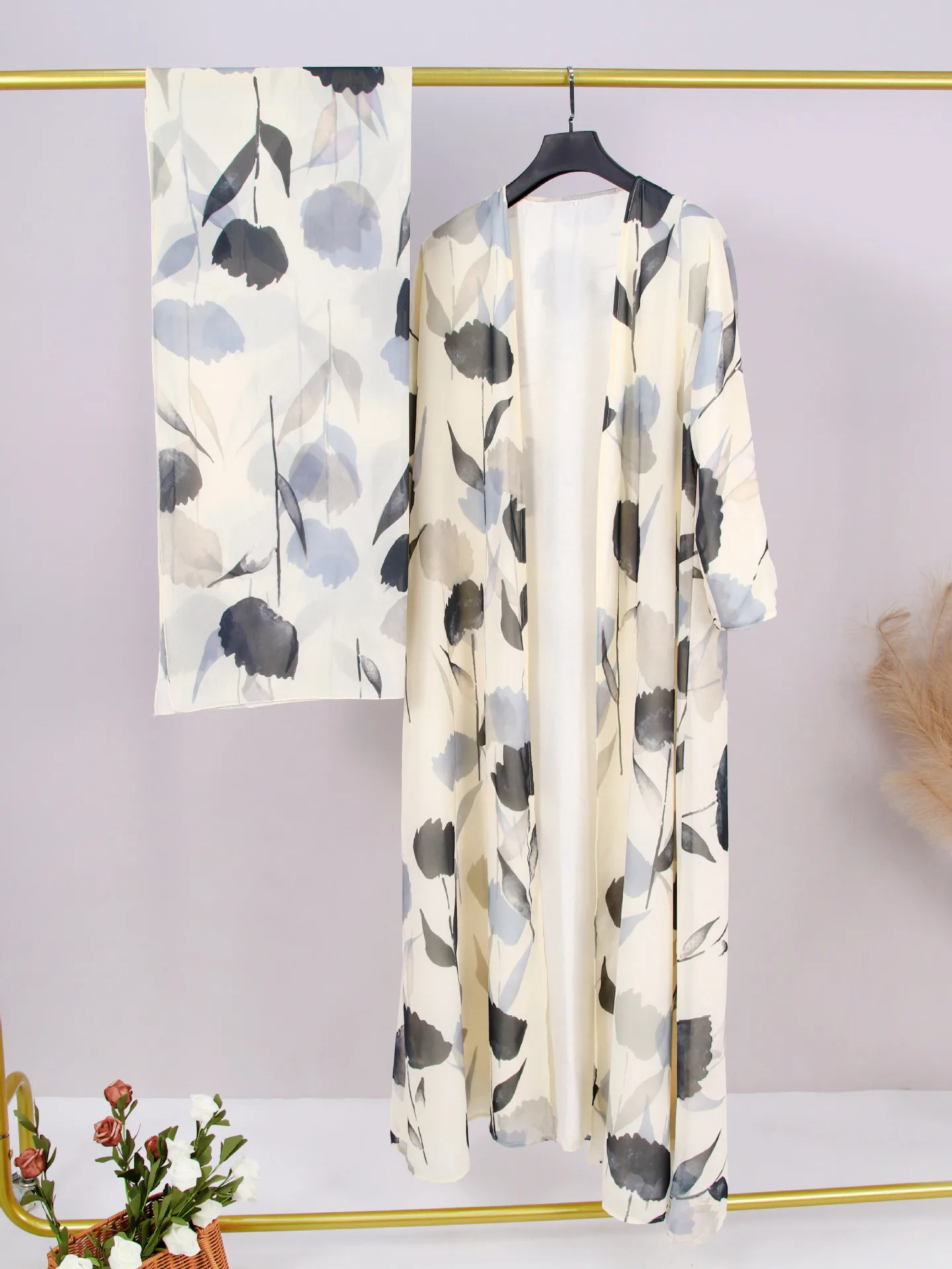 เสื้อคลุมคาร์ดิแกนสำหรับสตรีมุสลิมยุโรป พร้อมผ้าคลุมศีรษะ แขนยาว ลายพิมพ์ แจ็คเก็ตคลุมยาว สไตล์ยุโรป-อเมริกา แบบอาบายะ